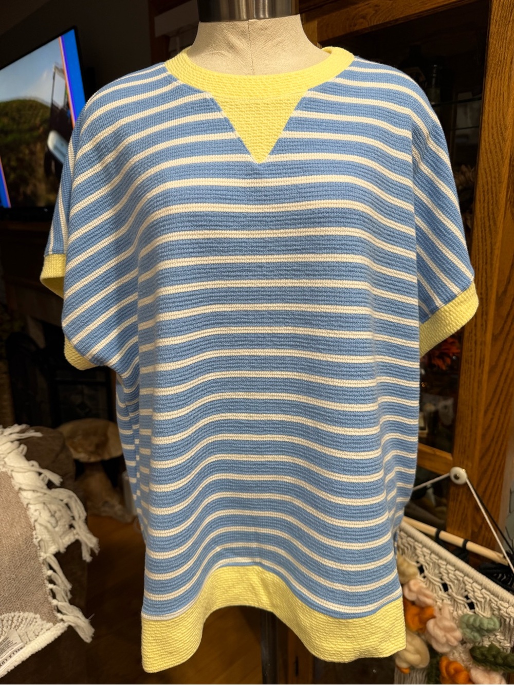 Tres Bien Blue, White & Yellow Striped Short Sleeve Top